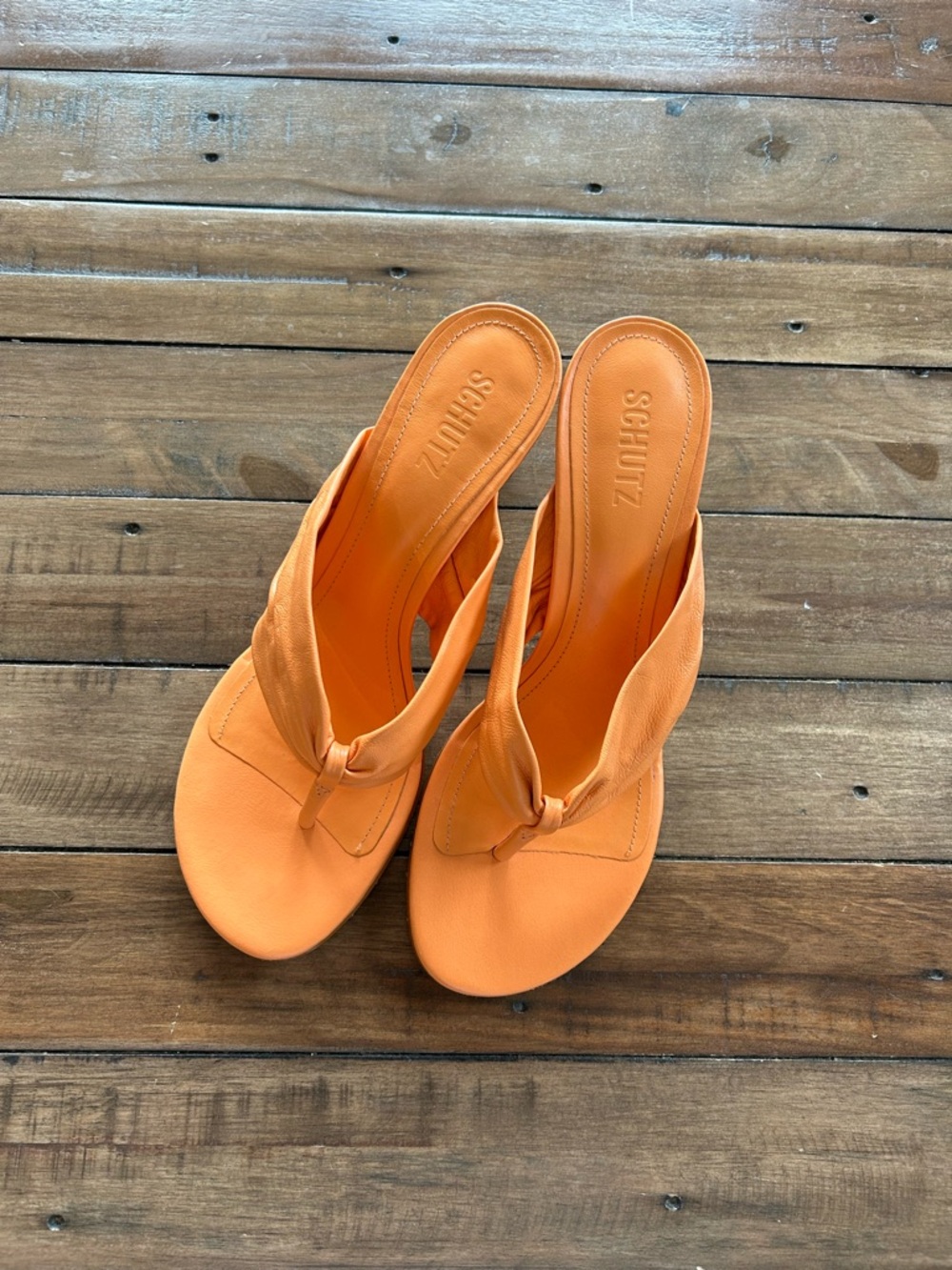 Schutz Willow Sunset Orange Leather Sandal Heels 10 - Picture 2 of 12